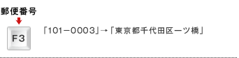 郵便番号→F3キー「101−0003」→「東京都千代田区一ツ橋」 郵便番号→F3キー「101−0003」→「東京都千代田区一ツ橋」