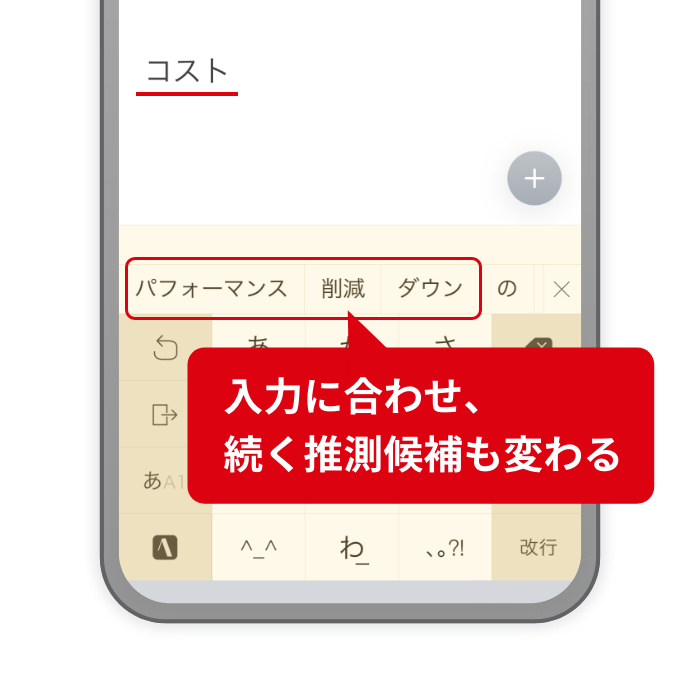 どんどん入力できる推測変換 入力を進めるたびに適切な候補を優先提示。少ないタッチ数で、長文も入力できます。 入力に合わせ、続く推測候補も変わる