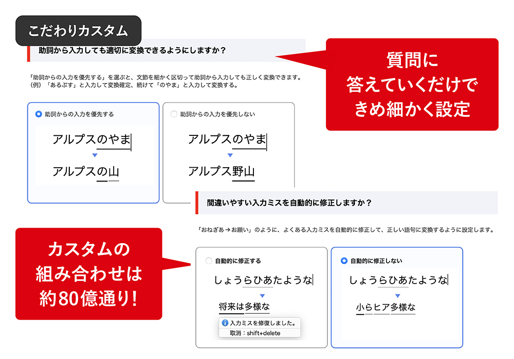 こだわりカスタム 質問に答えていくだけできめ細かく設定。カスタムの組み合わせは約80億通り!