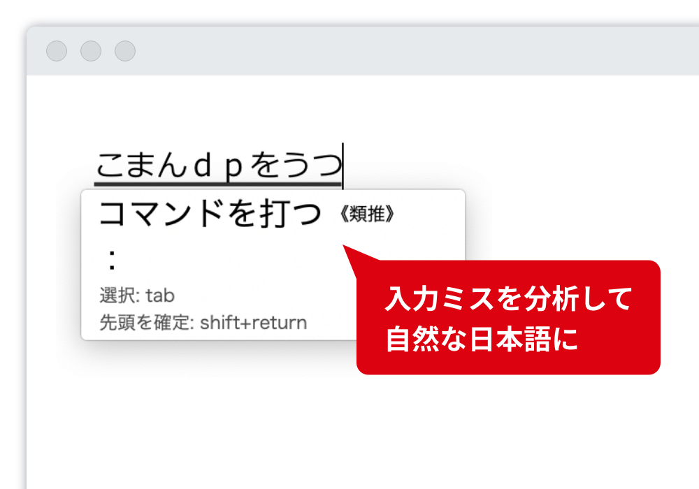 入力ミスの自動補正 手の位置がずれたまま入力しても、強力に自動補正するので、気にせず入力を進められます。 入力ミスを分析して自然な日本語に