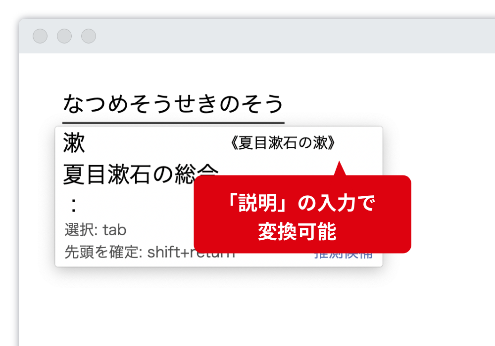 入力したい一漢字の変換 説明するように入力するだけで入力したい漢字に変換できます。 「説明」の入力で変換可能