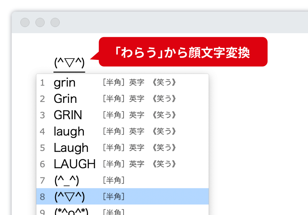 顔文字・絵文字 「ありがとう」「うれしい」から顔文字、「電話」や「メール」から絵文字への変換も簡単です。 「わらう」から顔文字変換