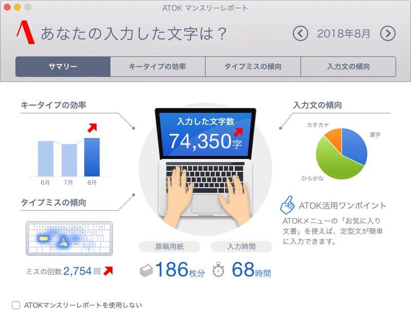 自身の入力傾向を把握できる「ATOKマンスリーレポート」 キーボードのどのあたりでタイプミスが多いのか、どういった入力ミスが多いのかを把握できます。