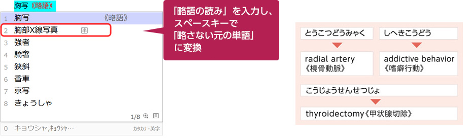 「略語の読み」を入力し、スペースキーで「略さない元の単語」に変換