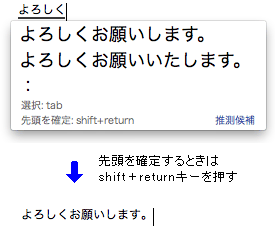 推測変換の候補が表示される画面