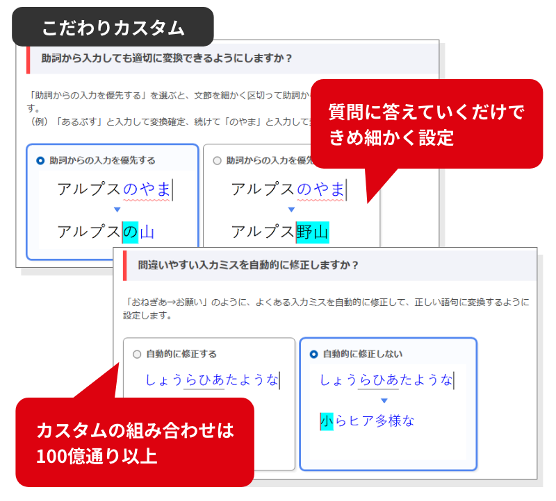 こだわりカスタム 質問に答えていくだけできめ細かく設定。カスタムの組み合わせは100億通り以上