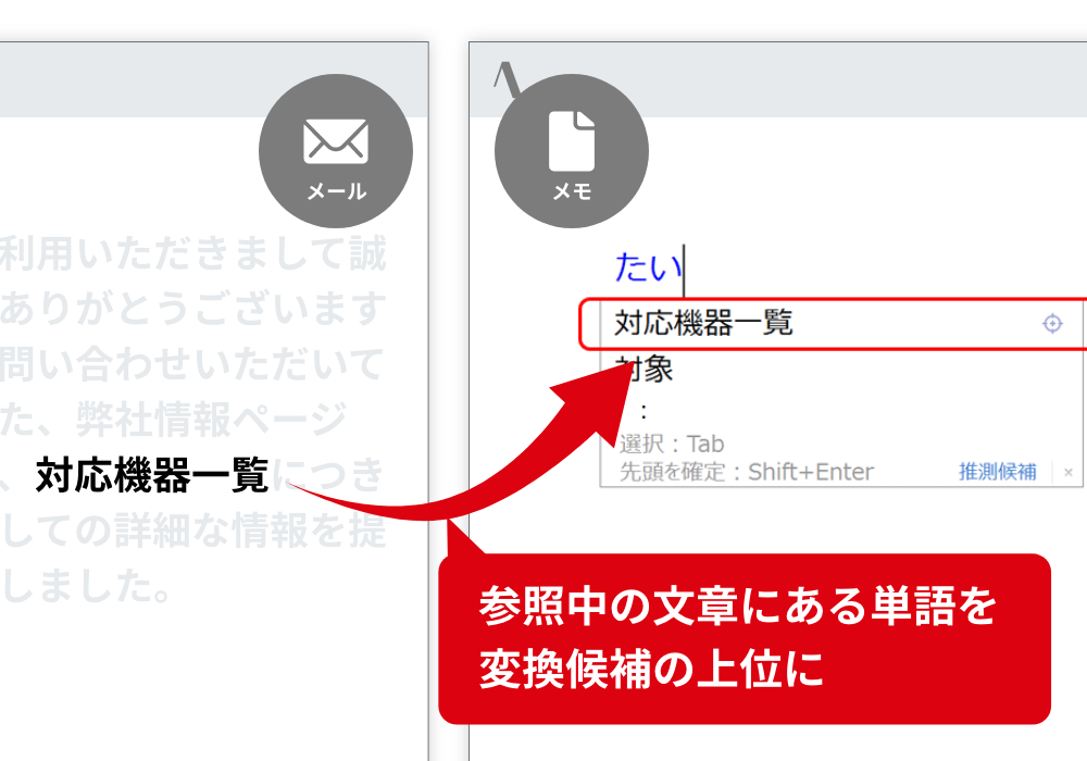 「ATOKインサイト」 入力中に参照しているアプリやブラウザに含まれる単語を、優先して推測候補や変換候補として提示。 参照中の文章にある単語を変換候補の上位に