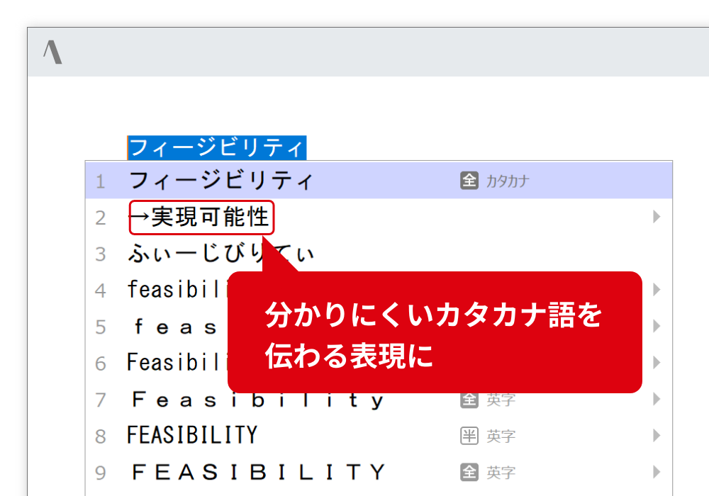 カタカナ語の言い換え 人には伝わりにくいカタカナ語に対して、伝わる日本語表現を提案します。 分かりにくいカタカナ語を伝わる表現に